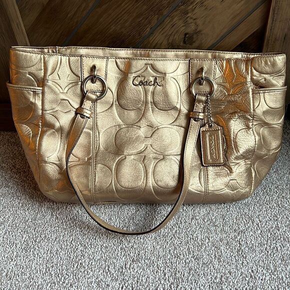 Vintage COACH Authentic Metallic Gold Embossed Purse / Bag - Picture 1 of 15